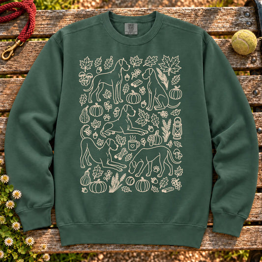 Great Dane Autumn on a Blue Spruce crewneck sweatshirt, shown flat