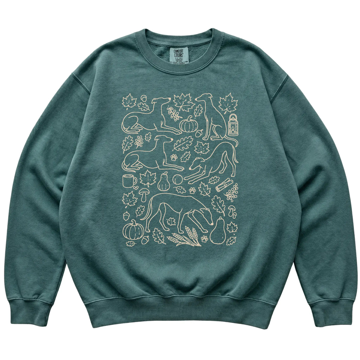 Blue Spruce Greyhound Fall Leaves shirt laid flat