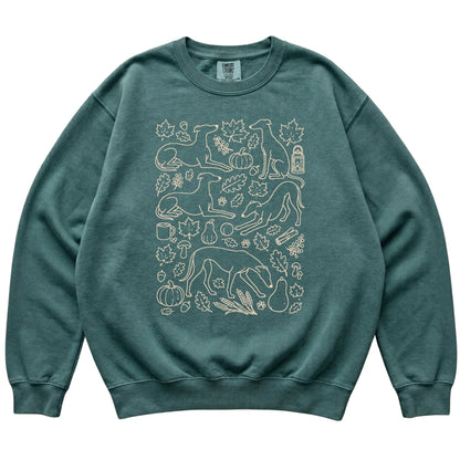Blue Spruce Greyhound Fall Leaves shirt laid flat