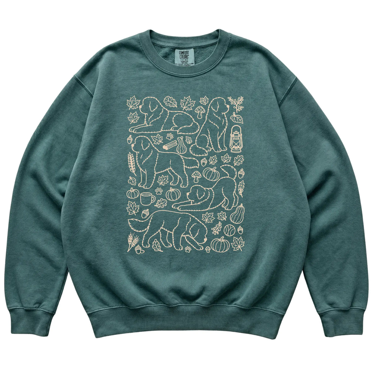 Blue Spruce Newfie Fall Leaves shirt laid flat
