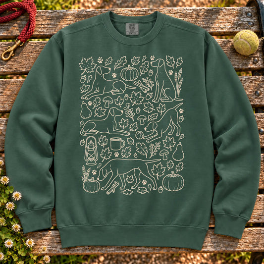 Pointer Autumn on a Blue Spruce crewneck sweatshirt, shown flat