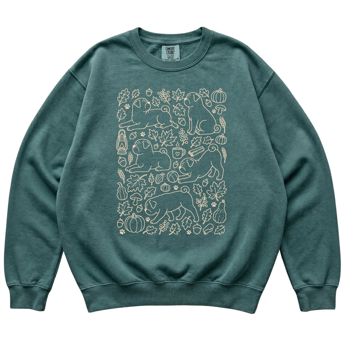 Blue Spruce Pug Fall Leaves shirt laid flat