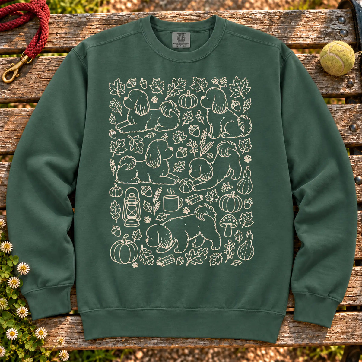 Shih Tzu Autumn on a Blue Spruce crewneck sweatshirt, shown flat
