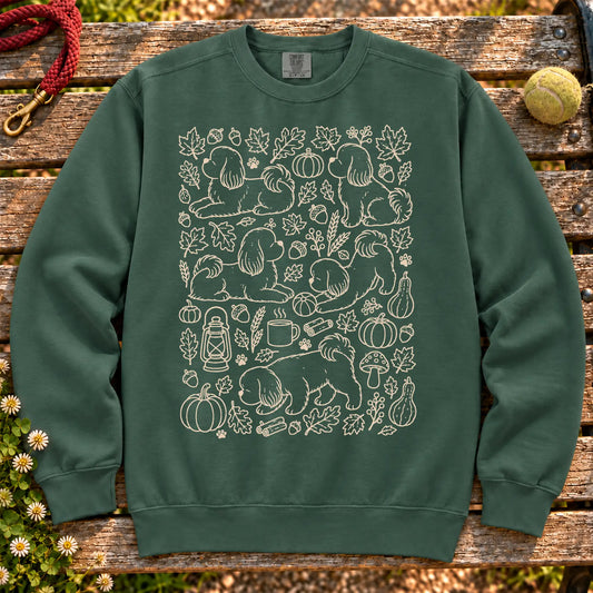 Shih Tzu Autumn on a Blue Spruce crewneck sweatshirt, shown flat