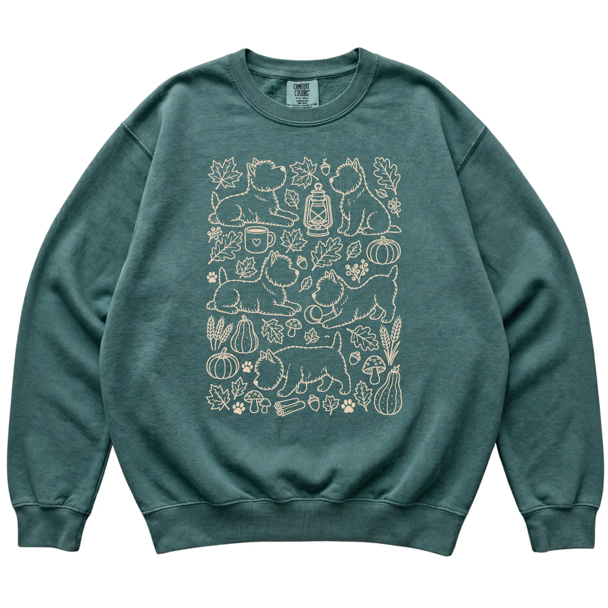 Blue Spruce Westie Fall Leaves shirt laid flat