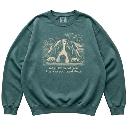Basset Hound Karma Comfort Colors sweatshirt in Blue Spruce — Flat Lay