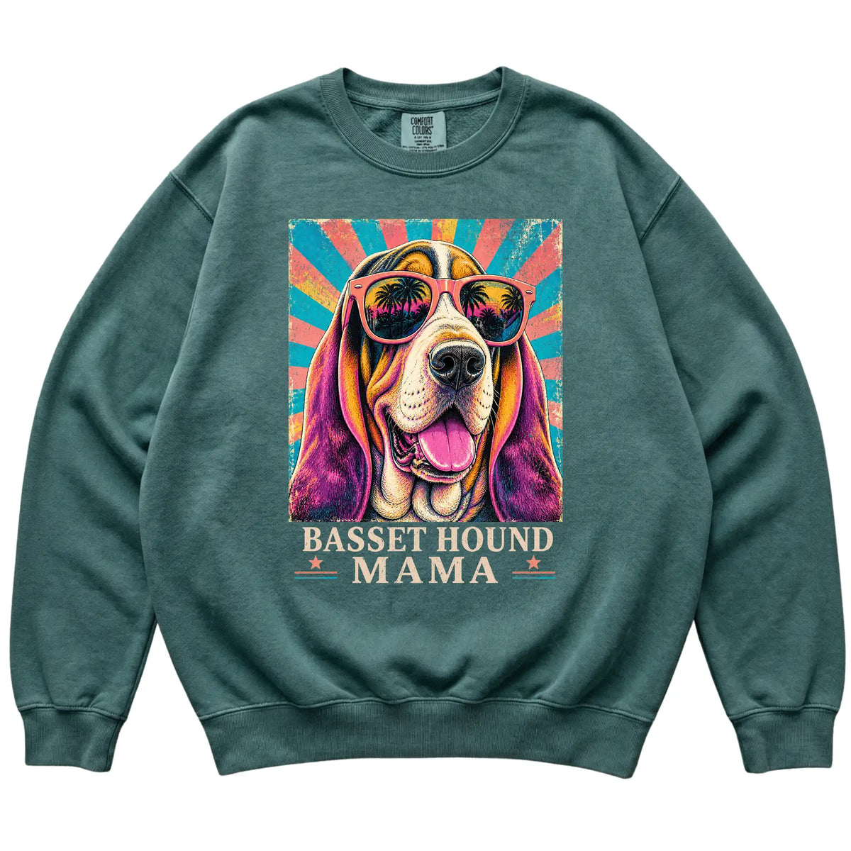 Retro Basset Hound Mama design on a Blue Spruce Comfort Colors sweatshirt