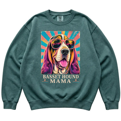 Retro Basset Hound Mama design on a Blue Spruce Comfort Colors sweatshirt