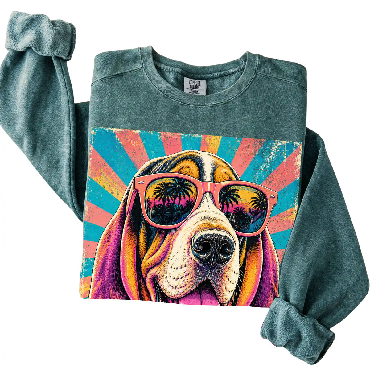 Folded Blue Spruce Comfort Colors sweatshirt with a Retro Basset Hound Mama design