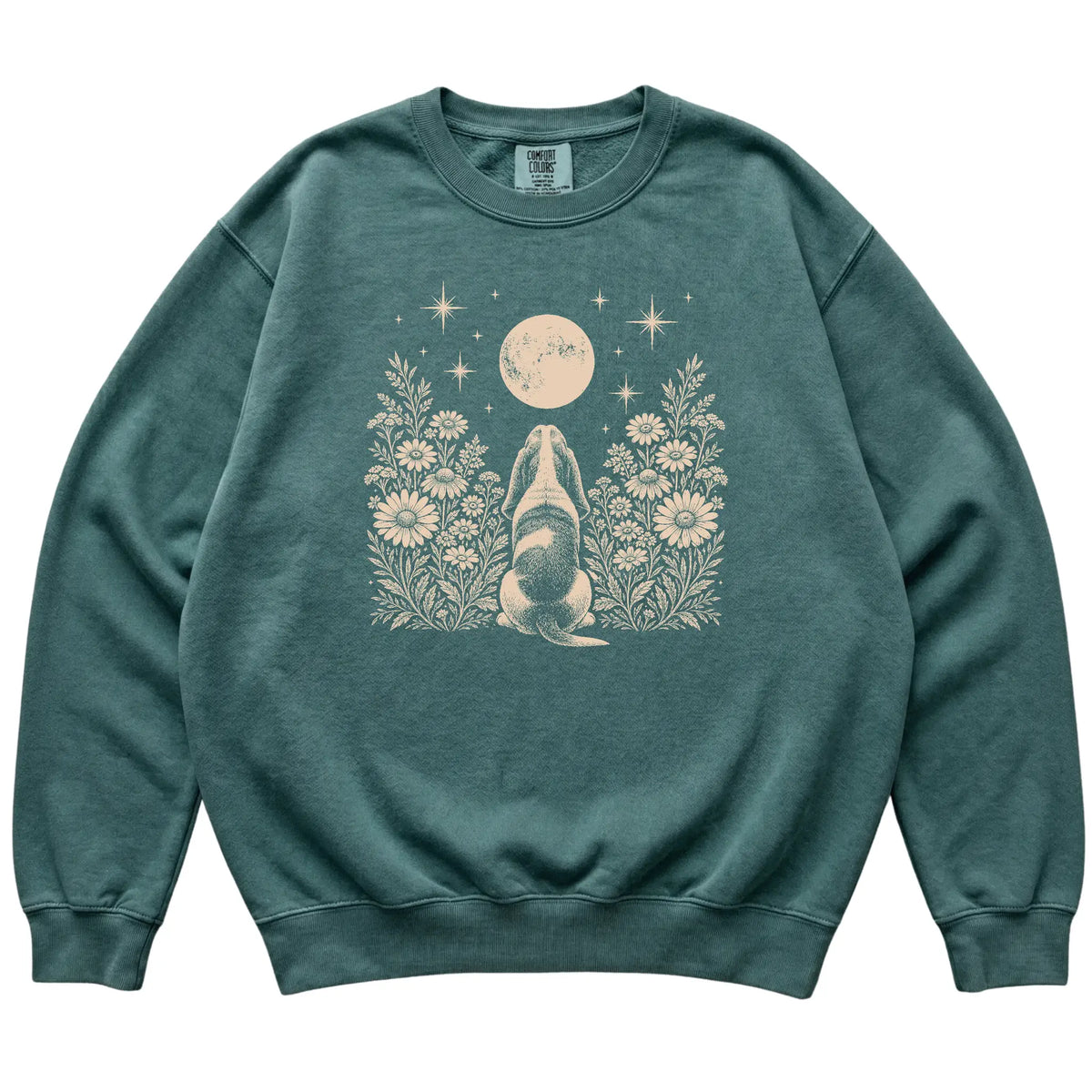 Basset Hound Wildflower Moon sweatshirt in Blue Spruce, flat lay view