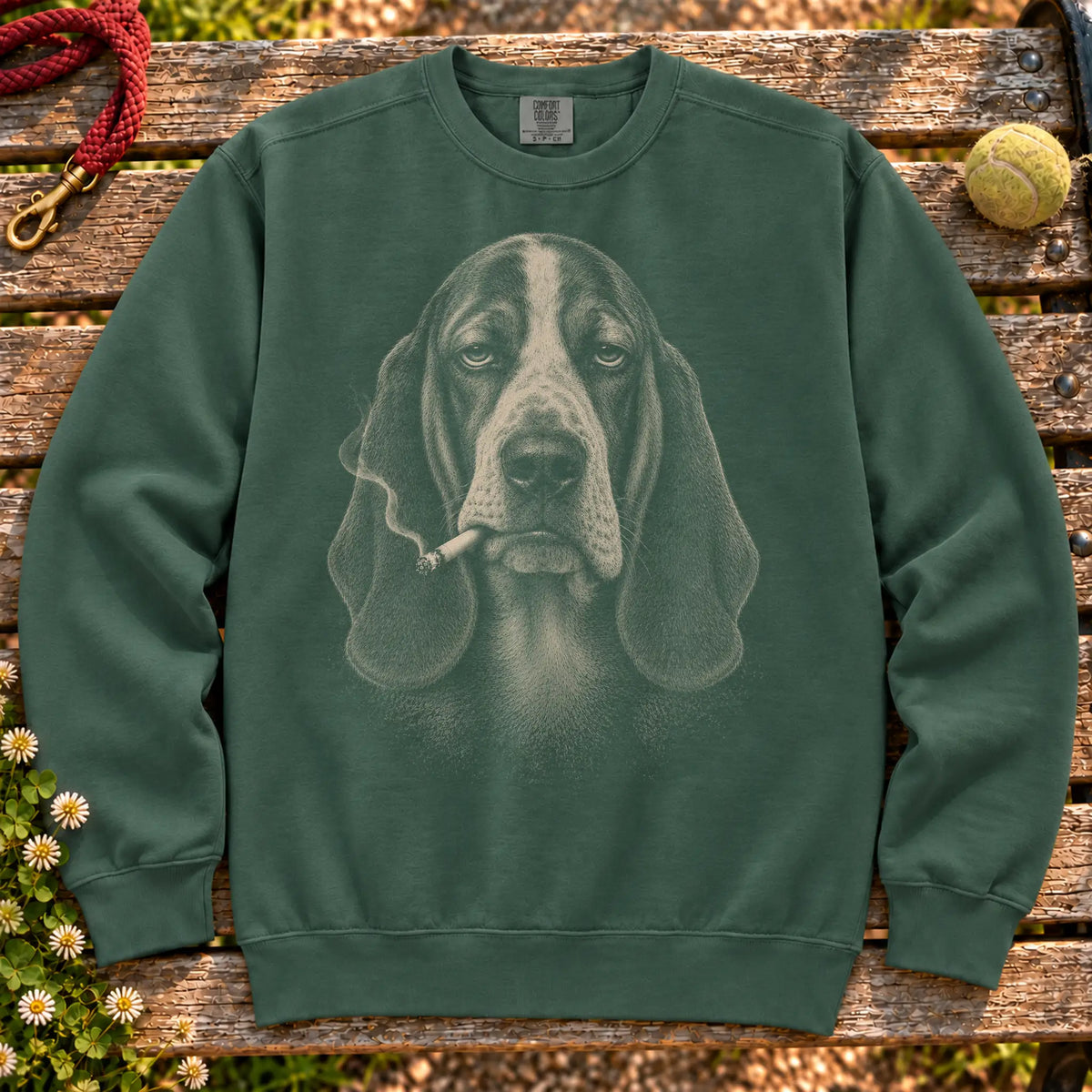 Basset Hound smoking design on a Blue Spruce sweatshirt