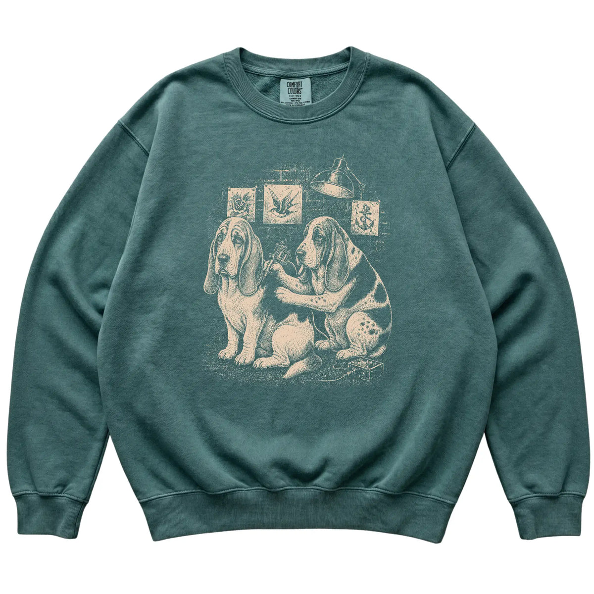 Blue Spruce Basset Hound Dog Tattoo Artist shirt laid flat