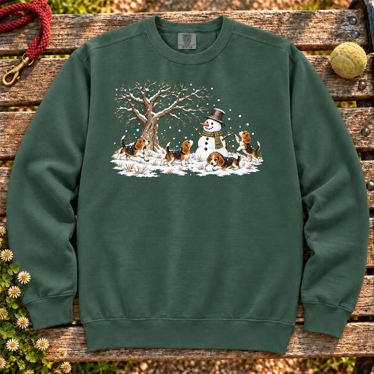 Beagle puppies playing in snow with a snowman on a Blue Spruce sweatshirt