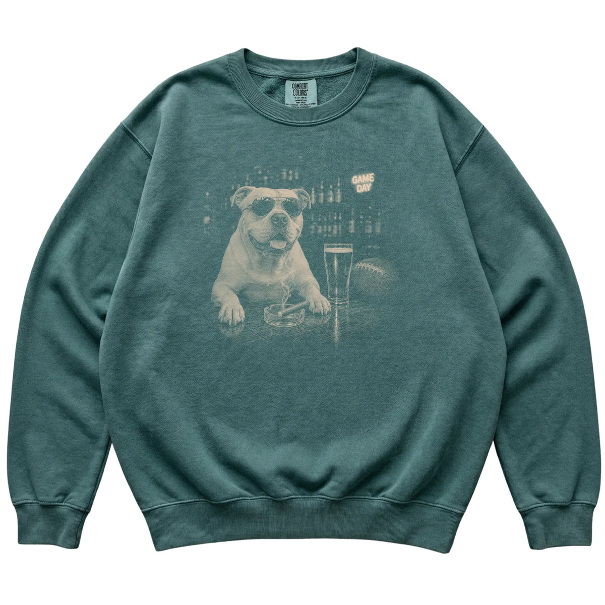Blue Spruce Beer and Football American Bulldog Shirt Beer and Football sweatshirt laid flat