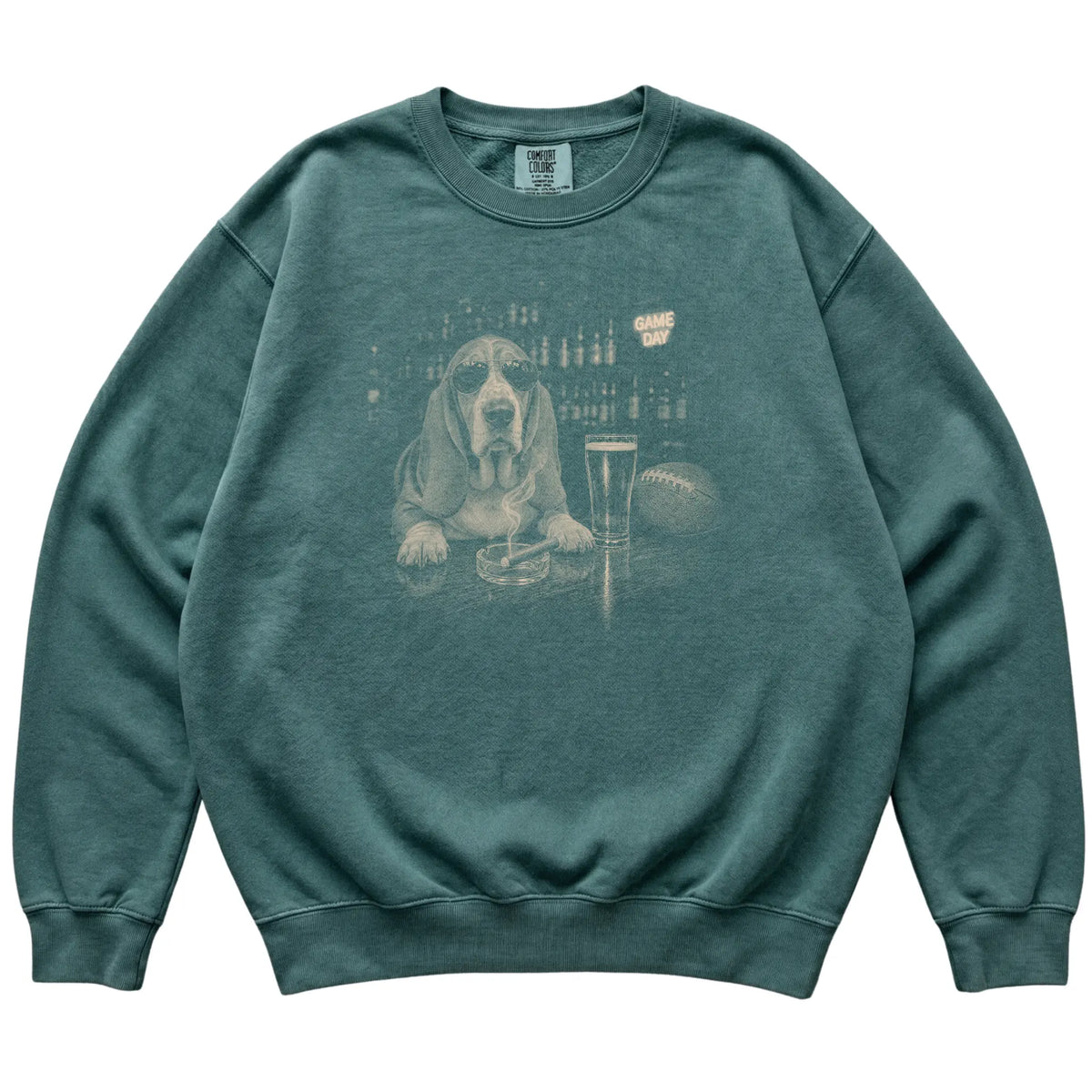 Blue Spruce Beer and Football Basset Hound Shirt Beer and Football sweatshirt laid flat