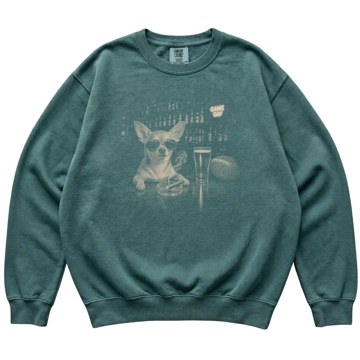 Blue Spruce Beer and Football Chihuahua Shirt Beer and Football sweatshirt laid flat