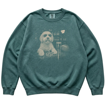 Blue Spruce Beer and Football Goldendoodle Shirt Beer and Football sweatshirt laid flat