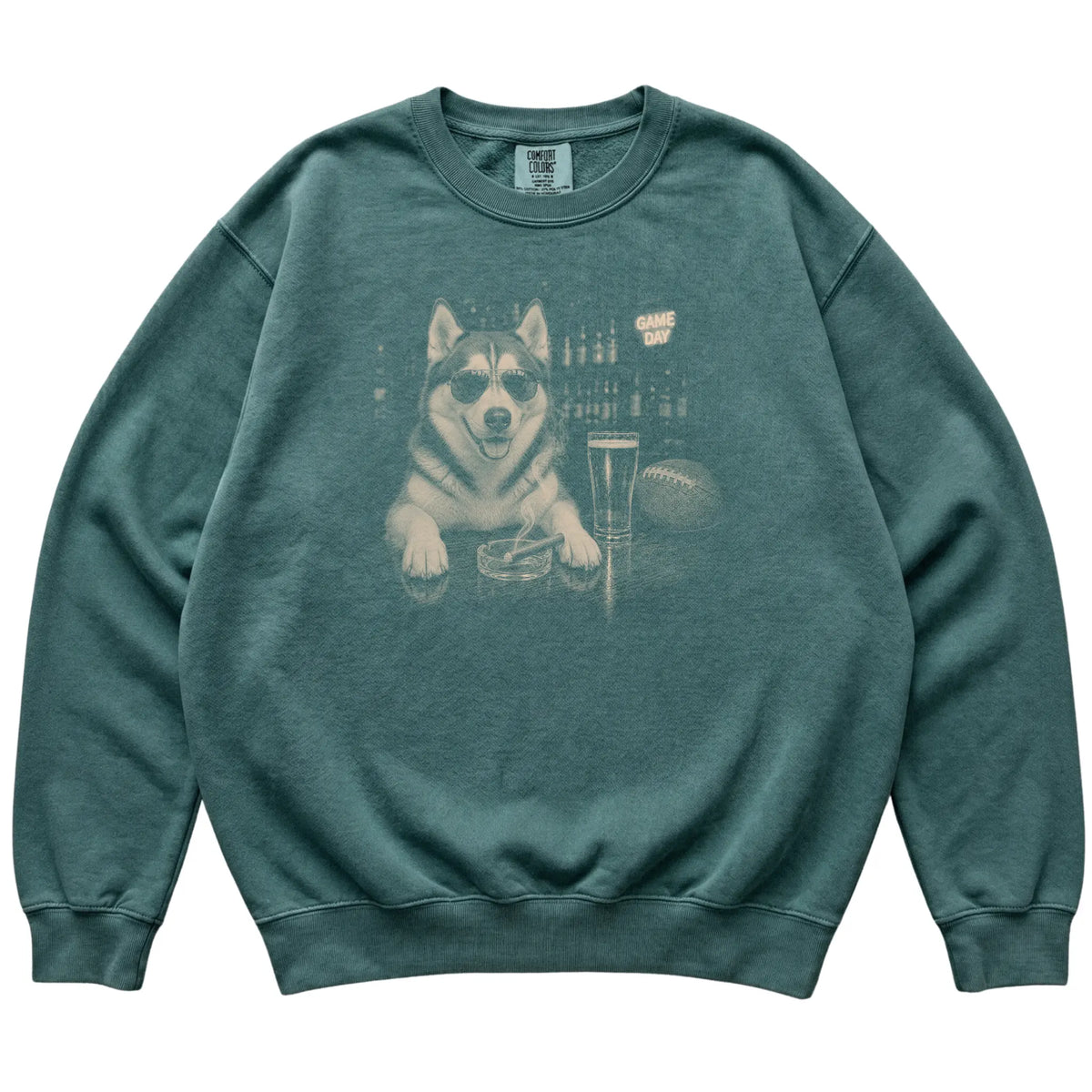 Blue Spruce Beer and Football Siberian Husky Shirt Beer and Football sweatshirt laid flat