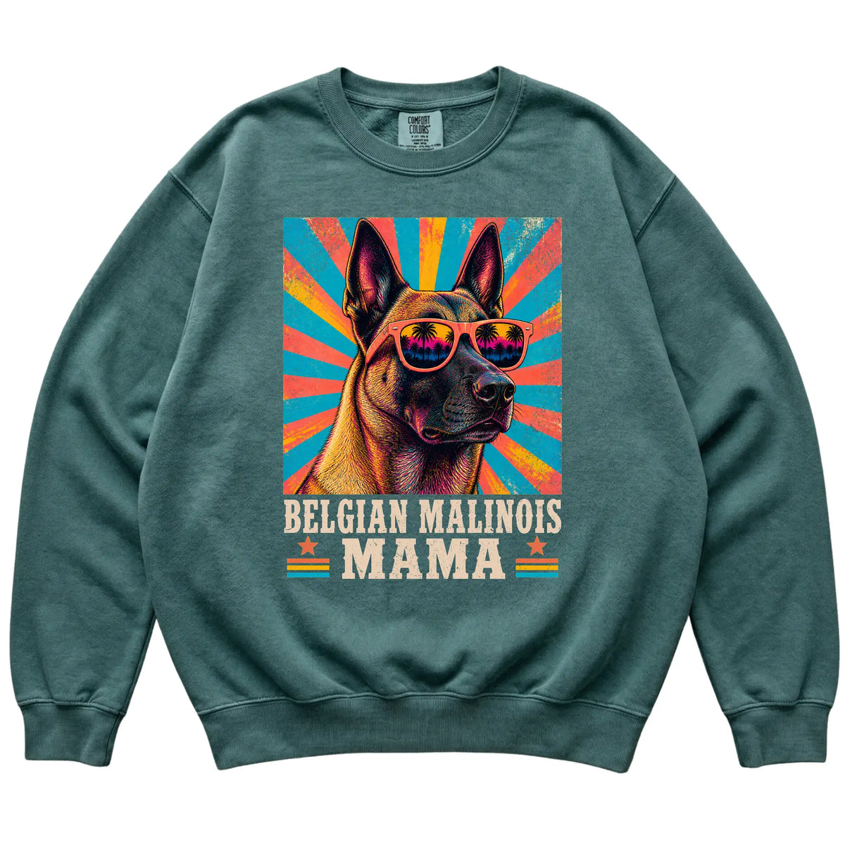 Retro Belgian Malinois Mama design on a Blue Spruce Comfort Colors sweatshirt