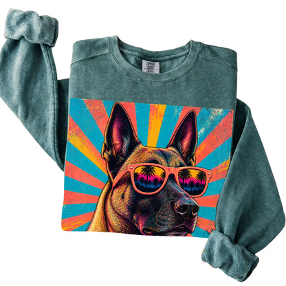 Folded Blue Spruce Comfort Colors sweatshirt with a Retro Belgian Malinois Mama design