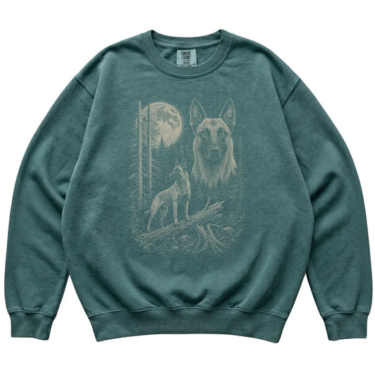 Blue Spruce Belgian Malinois Moonlit Forest Comfort Colors sweatshirt, flat view