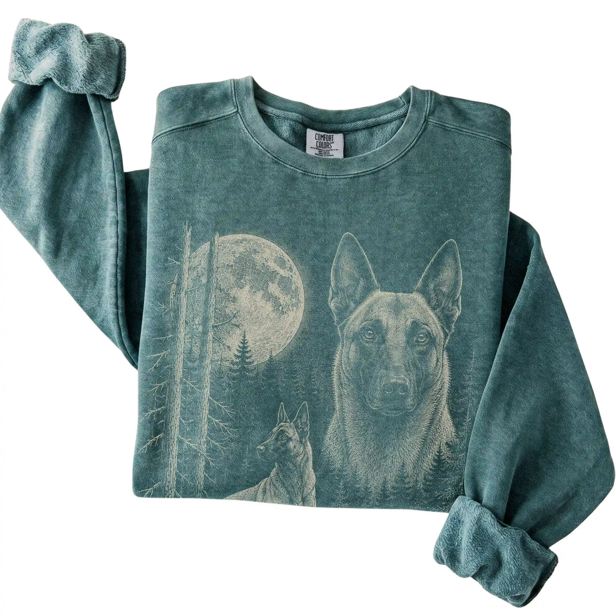 Blue Spruce Belgian Malinois Moonlit Forest Comfort Colors sweatshirt, folded view