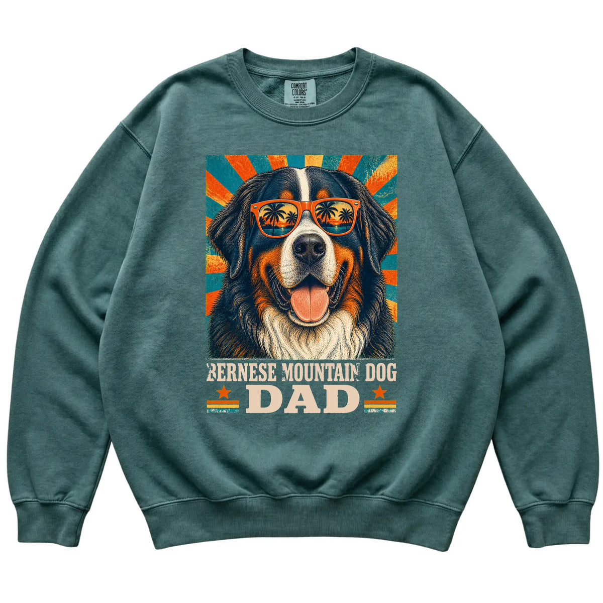 Retro Bernese Mountain Dog Dad design on a Blue Spruce Comfort Colors sweatshirt
