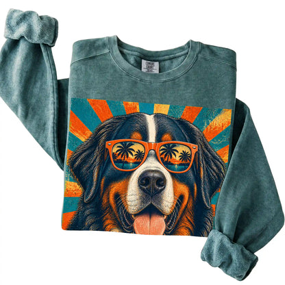Folded Blue Spruce Comfort Colors sweatshirt with a Retro Bernese Mountain Dog Dad design