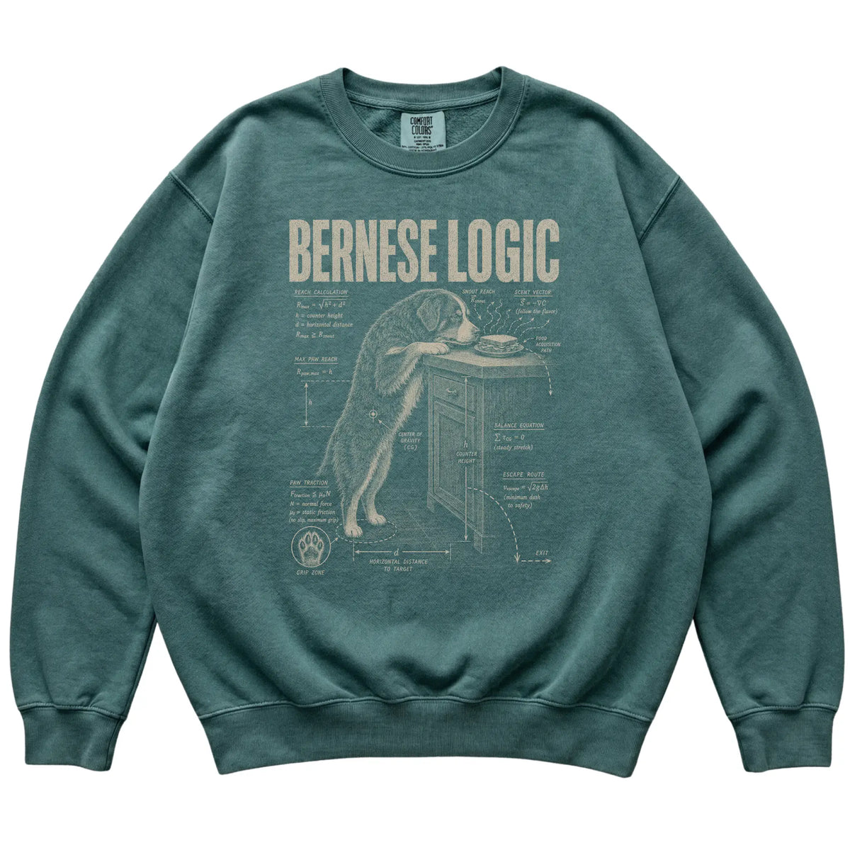 Blue Spruce Bernese Mountain Dog Logic T-Shirt laid flat