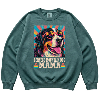 Retro Bernese Mountain Dog Mama design on a Blue Spruce Comfort Colors sweatshirt