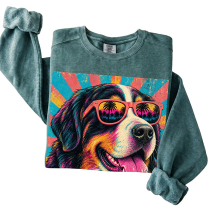Folded Blue Spruce Comfort Colors sweatshirt with a Retro Bernese Mountain Dog Mama design