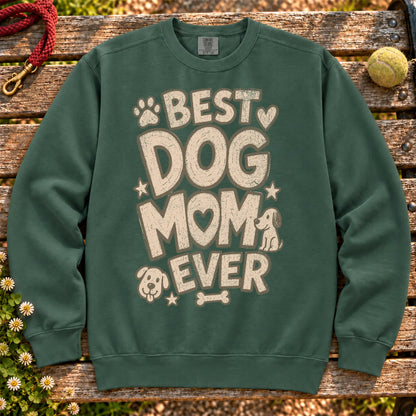 Best Dog Mom Ever on a Blue Spruce crewneck sweatshirt, shown flat