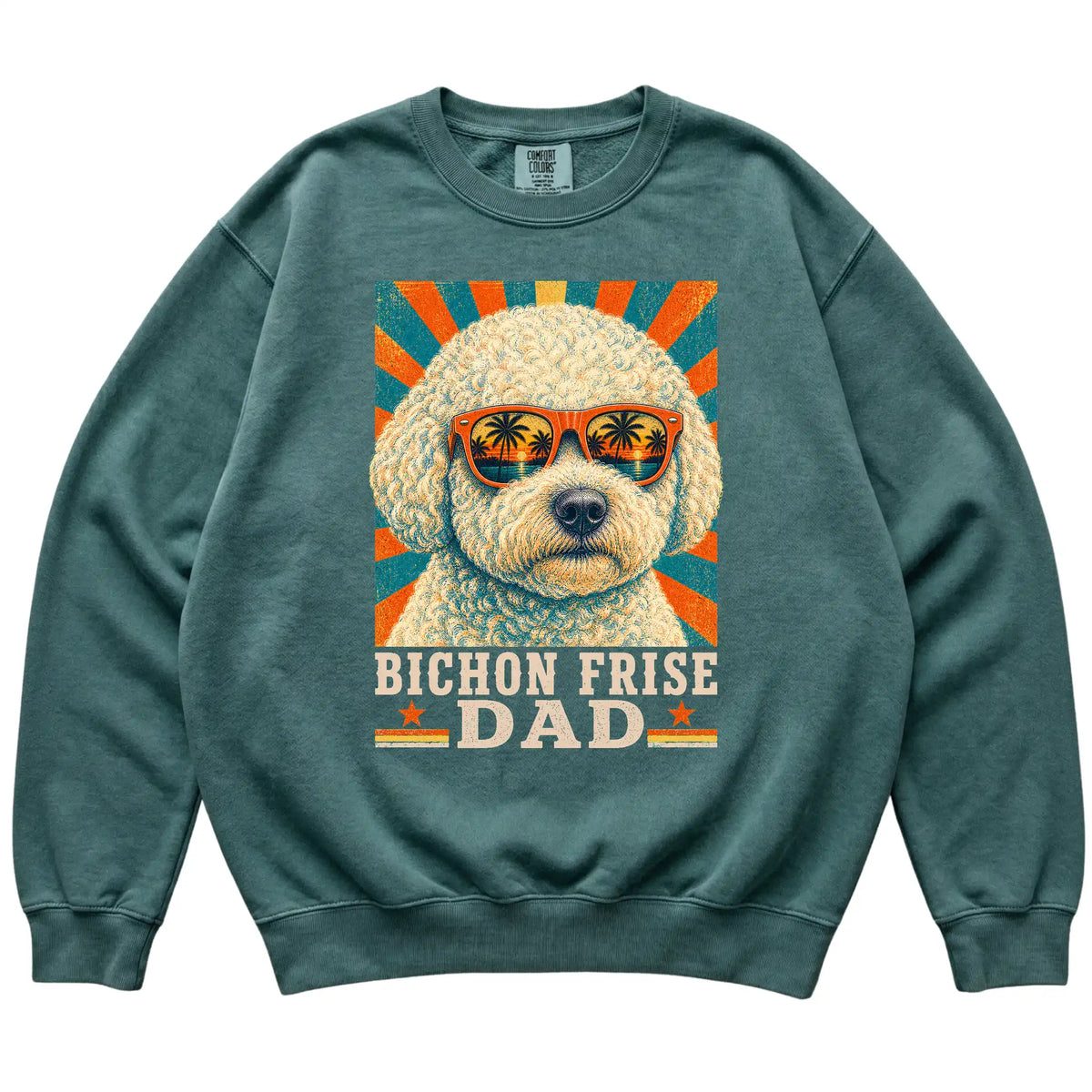 Retro Bichon Frise Dad design on a Blue Spruce Comfort Colors sweatshirt