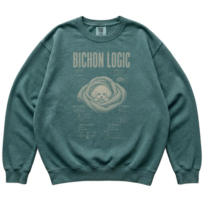 Blue Spruce Bichon Frise Logic T-Shirt laid flat