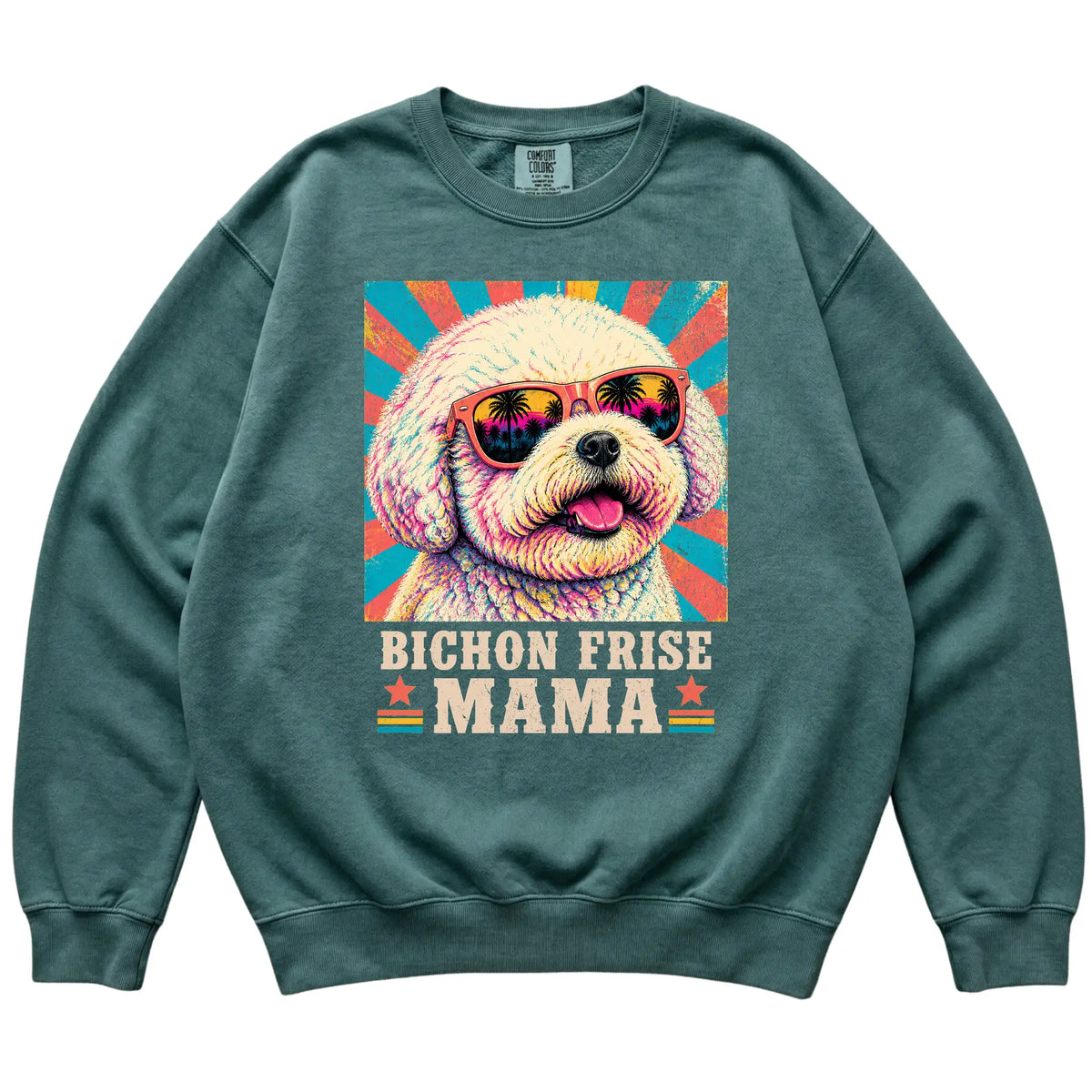 Retro Bichon Frise Mama design on a Blue Spruce Comfort Colors sweatshirt
