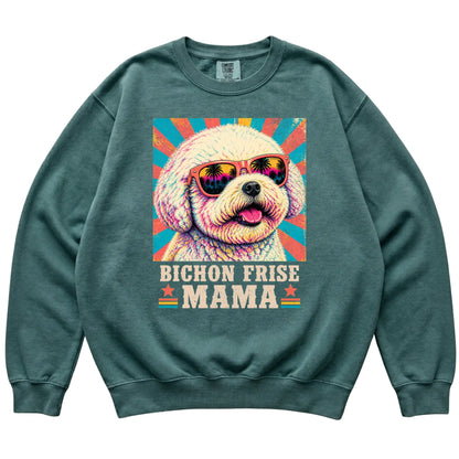 Retro Bichon Frise Mama design on a Blue Spruce Comfort Colors sweatshirt