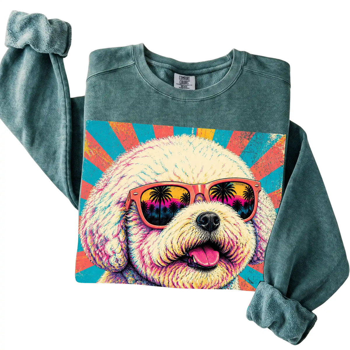 Folded Blue Spruce Comfort Colors sweatshirt with a Retro Bichon Frise Mama design