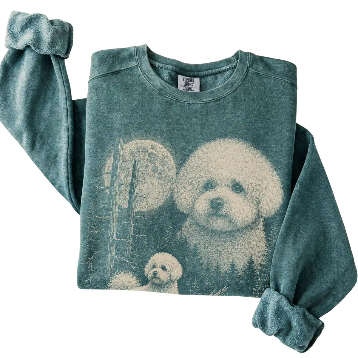 Blue Spruce Bichon Frise Moonlit Forest Comfort Colors sweatshirt, folded view