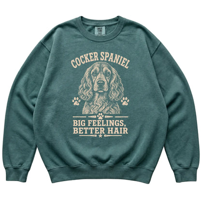 Blue Spruce Comfort Colors® sweatshirt featuring Big Feelings, Better Hair - Cocker Spaniel, laid-flat presentation