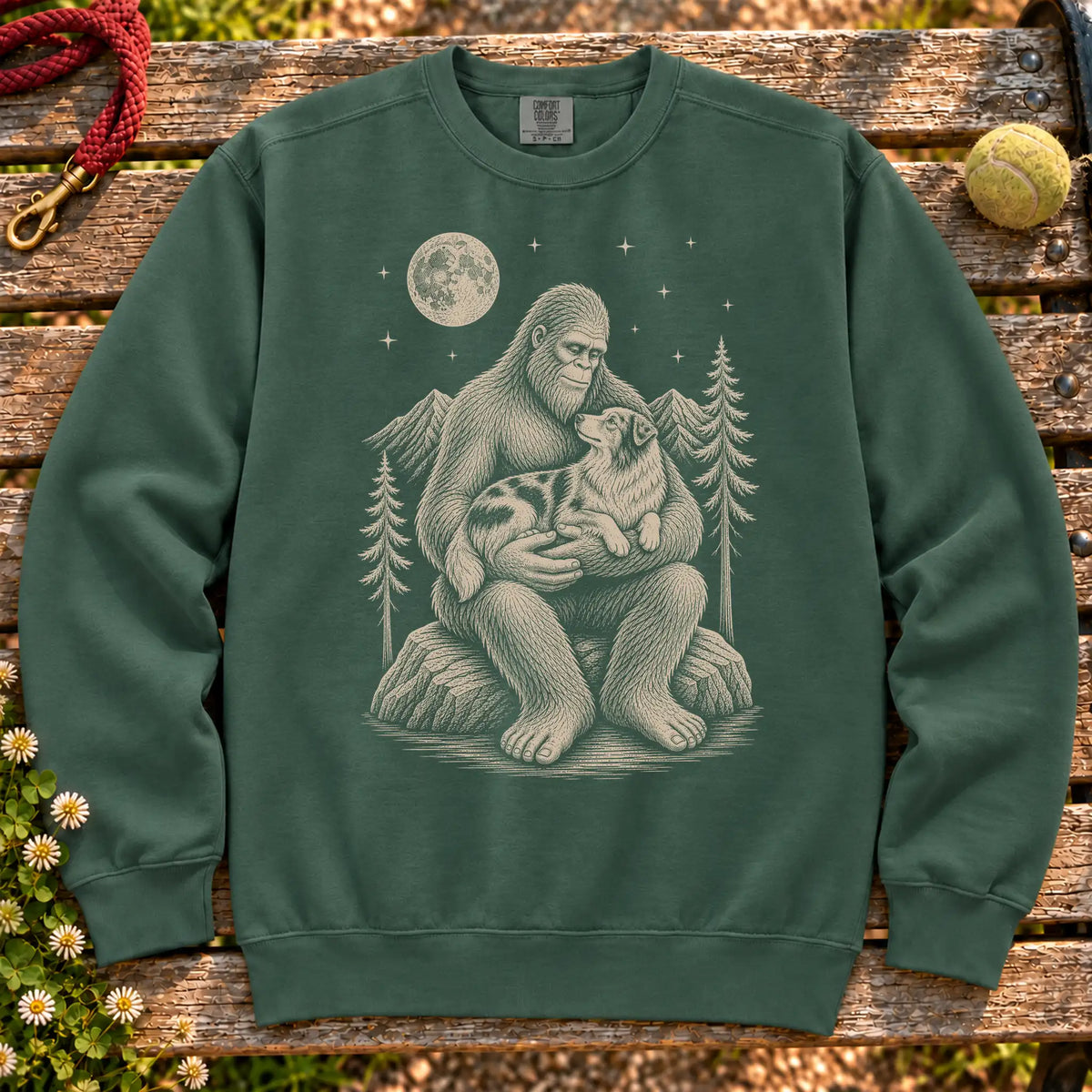 Australian Shepherd Bigfoot Holding on a Blue Spruce crewneck sweatshirt, shown flat