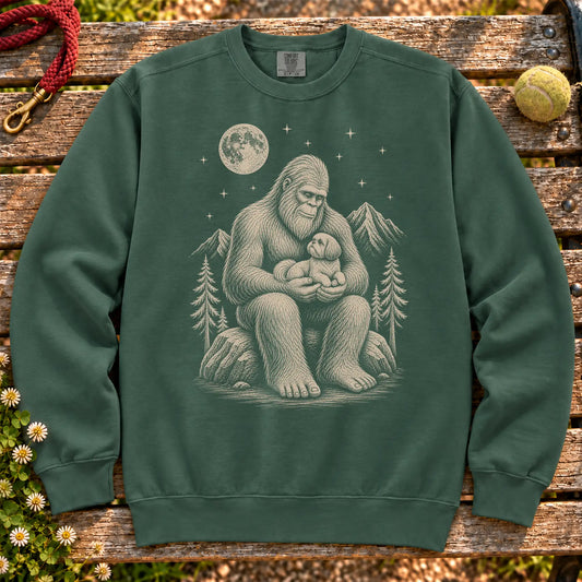 Shih Tzu Bigfoot Holding on a Blue Spruce crewneck sweatshirt, shown flat