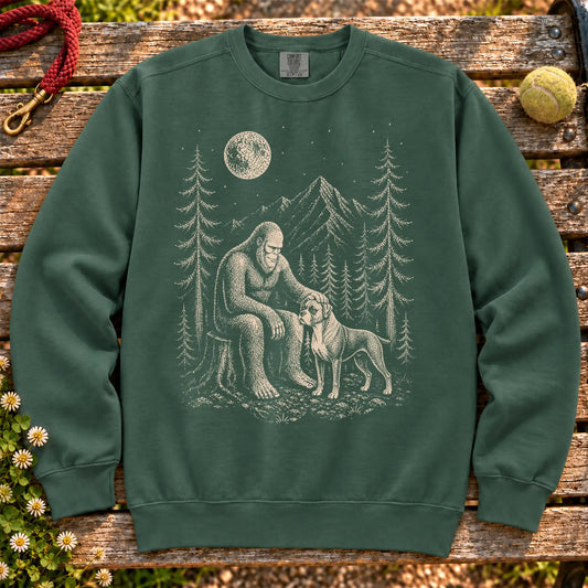 Boxer Bigfoot Petting on a Blue Spruce crewneck sweatshirt, shown flat