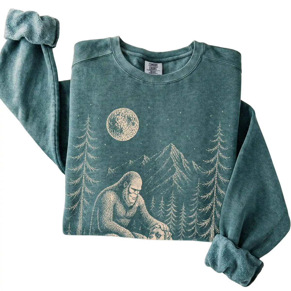 Blue Spruce Comfort Colors sweatshirt featuring Bigfoot petting a Boxer