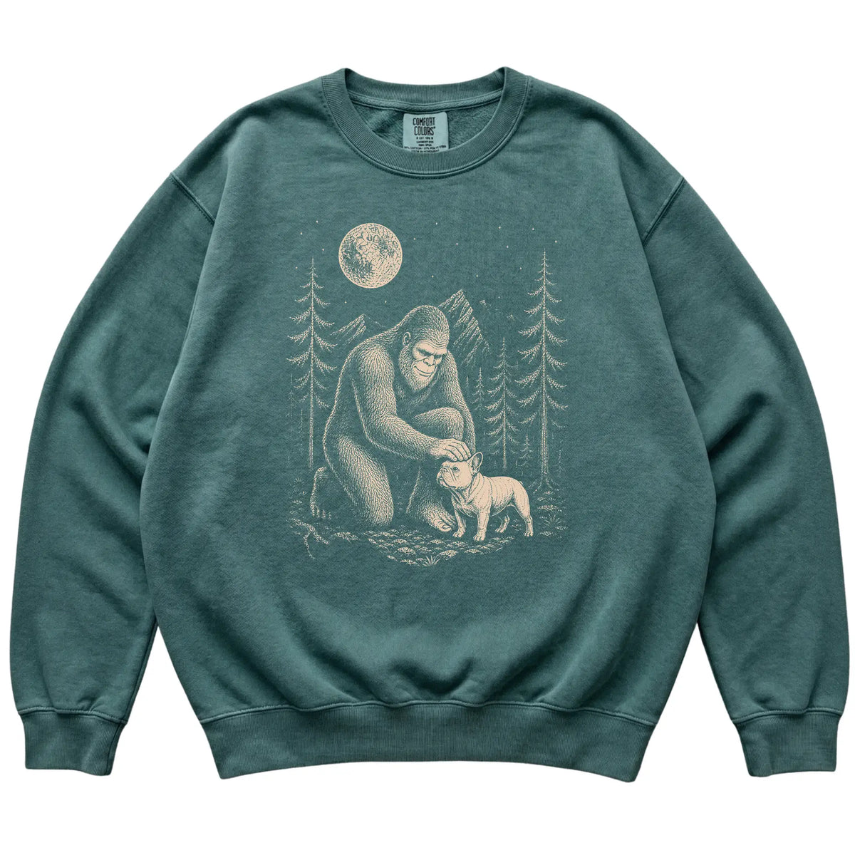 Frenchie and Bigfoot Sweatshirt in Blue Spruce