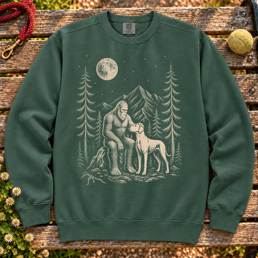 Great Dane Bigfoot Petting on a Blue Spruce crewneck sweatshirt, shown flat