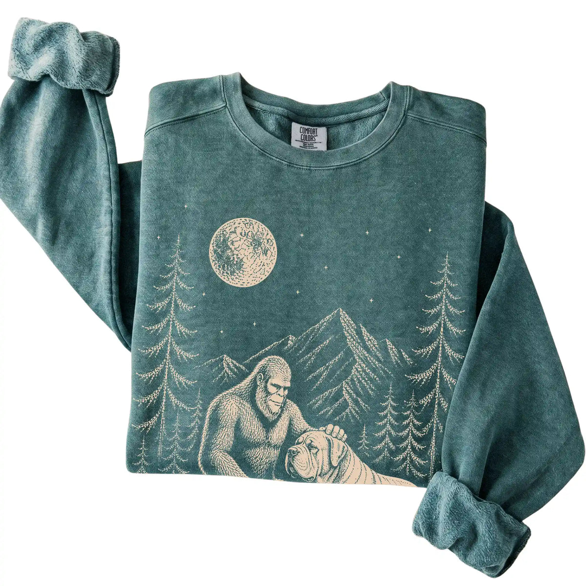 Blue Spruce Comfort Colors sweatshirt with Bigfoot petting a Mastiff