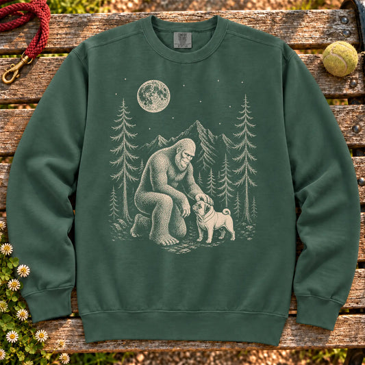 Pug Bigfoot Petting on a Blue Spruce crewneck sweatshirt, shown flat