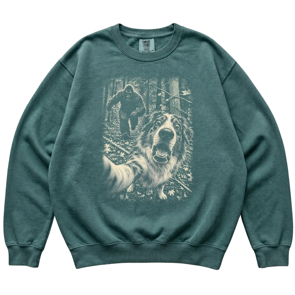 Blue Spruce Australian Shepherd Bigfoot selfie sweatshirt, full garment view