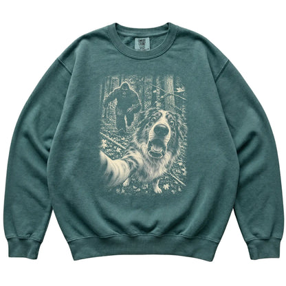 Blue Spruce Australian Shepherd Bigfoot selfie sweatshirt, full garment view