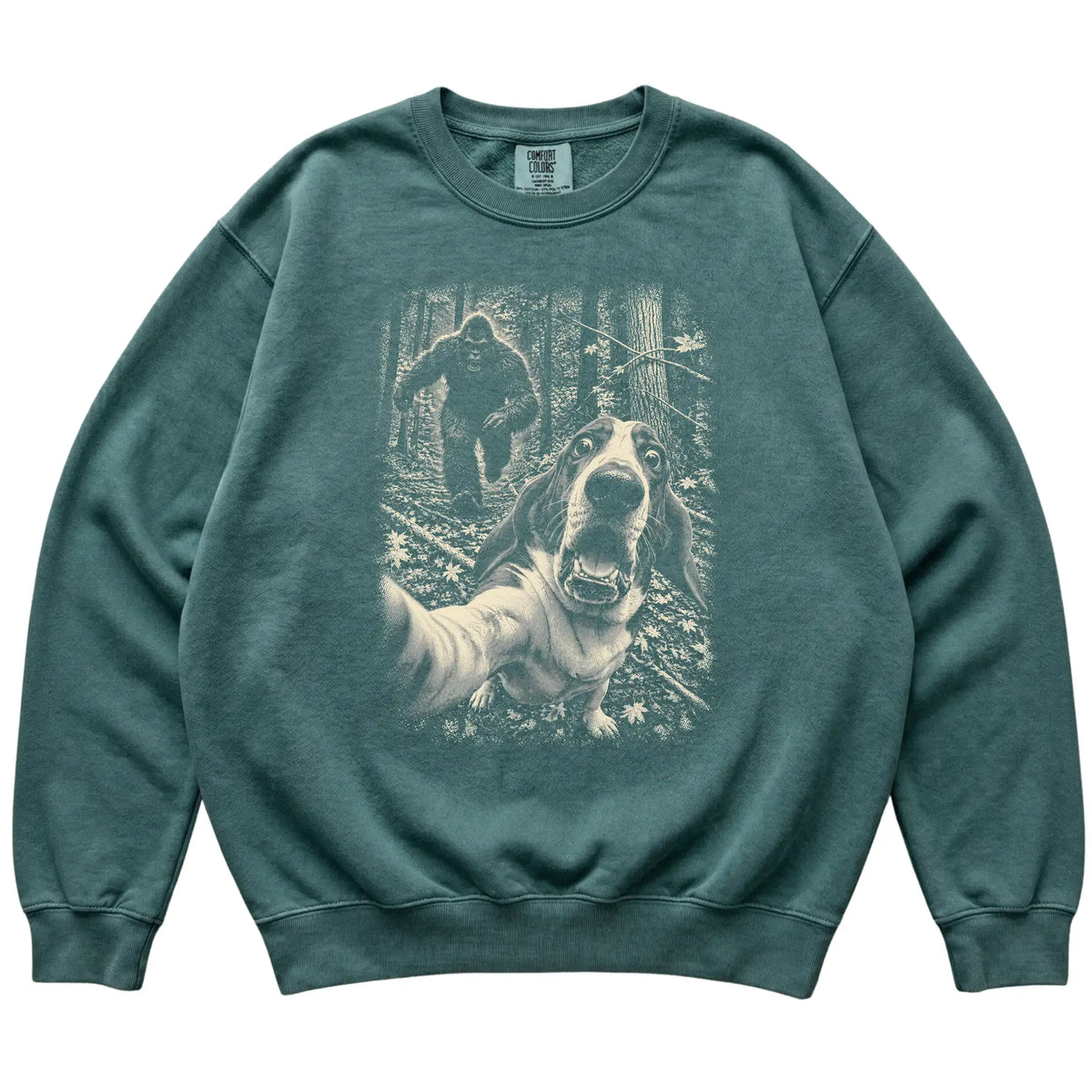 Blue Spruce Basset Hound Bigfoot selfie sweatshirt, full garment view